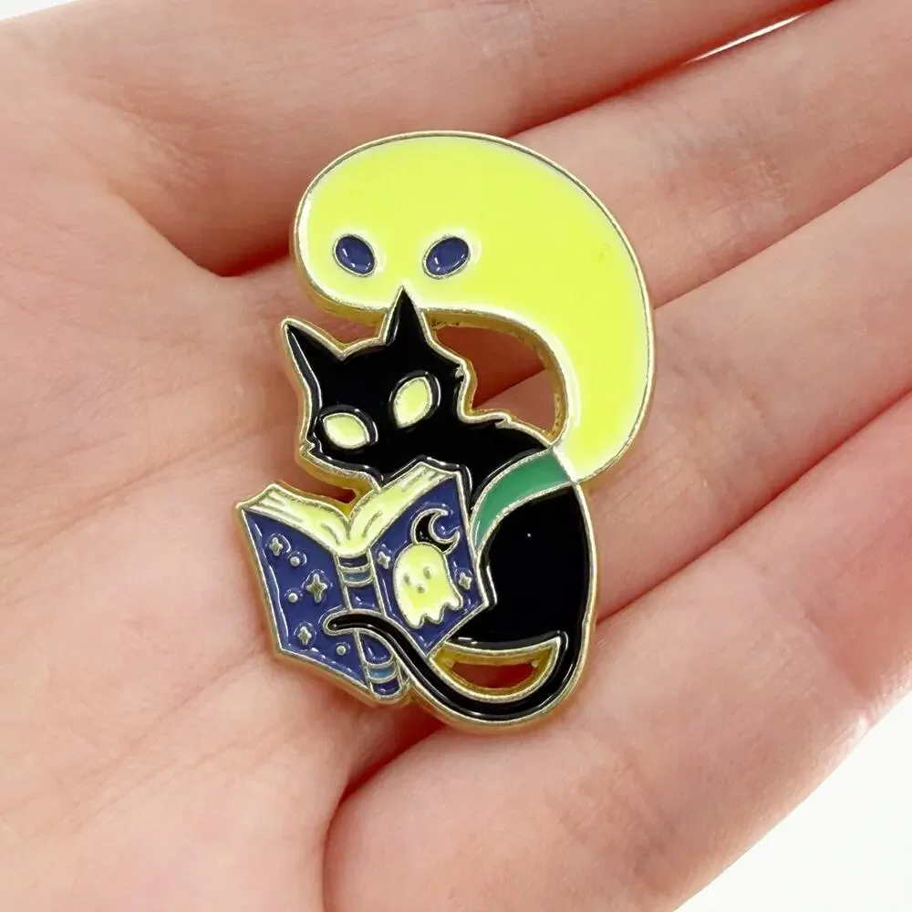 Witchy Black Cat Reading Ghost Stories Soft Enamel Pin